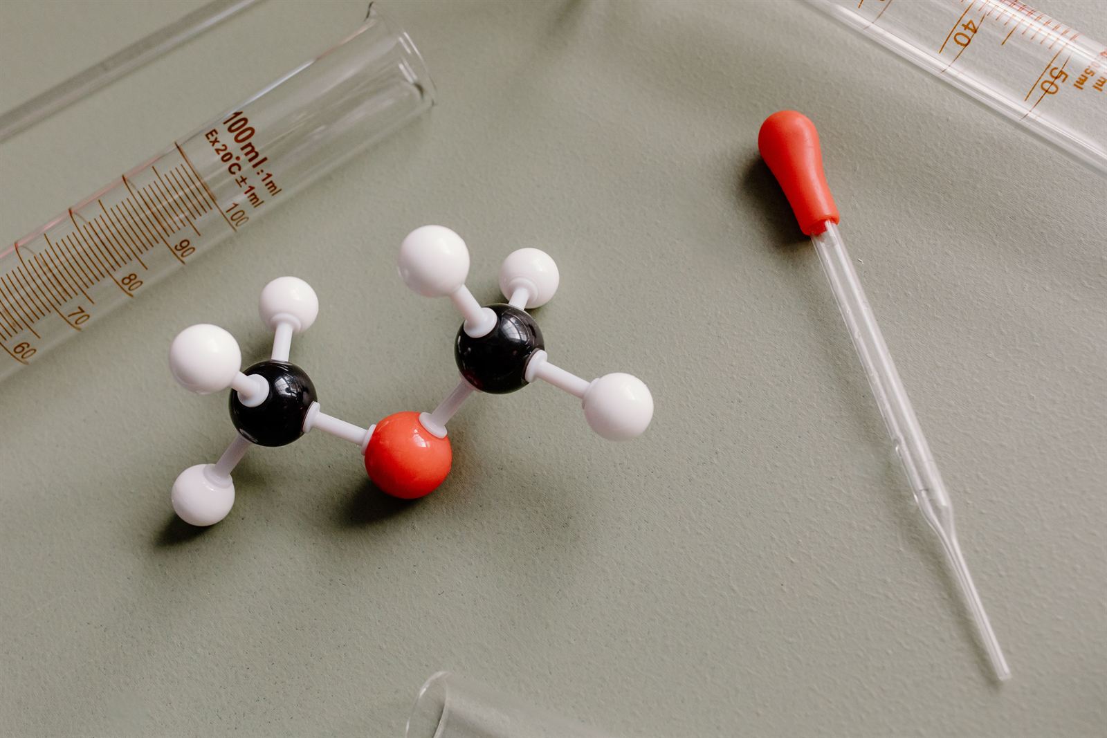 Molecular model and laboratory tools representing technical chemical expertise